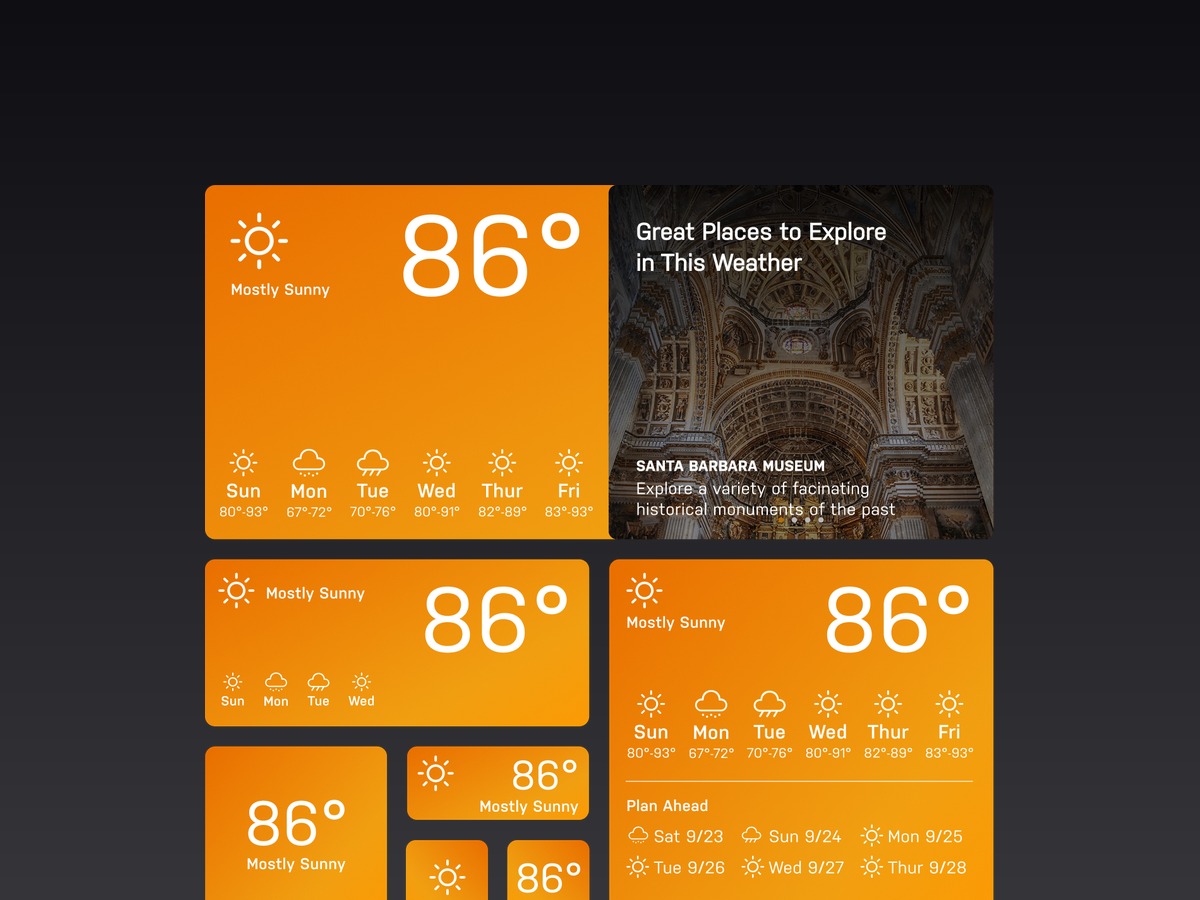 ROUX weather widgets — design system component family at multiple sizes